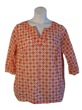 Talbots 1X Coral White Lattice Shirt Top Blouse 3/4 Sleeve